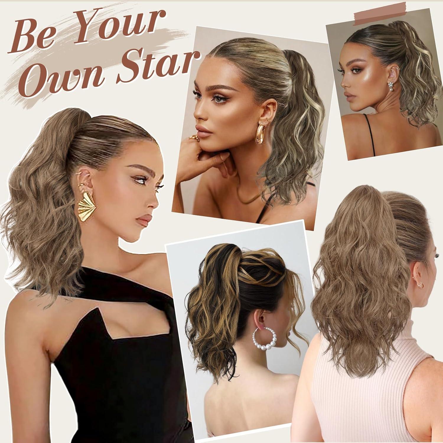 35cm Lockiger Pferdeschwanz Extension Braun Blond Highlight Wellig Clip