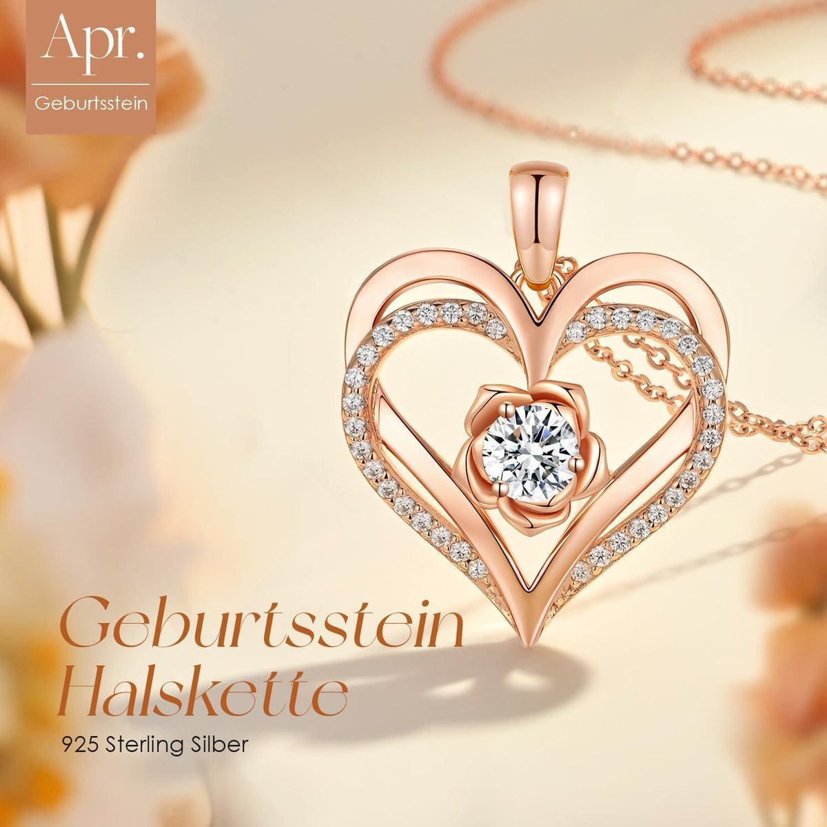Herz Halskette Rosegold mit Geburtsstein aus 925 Sterling Silber