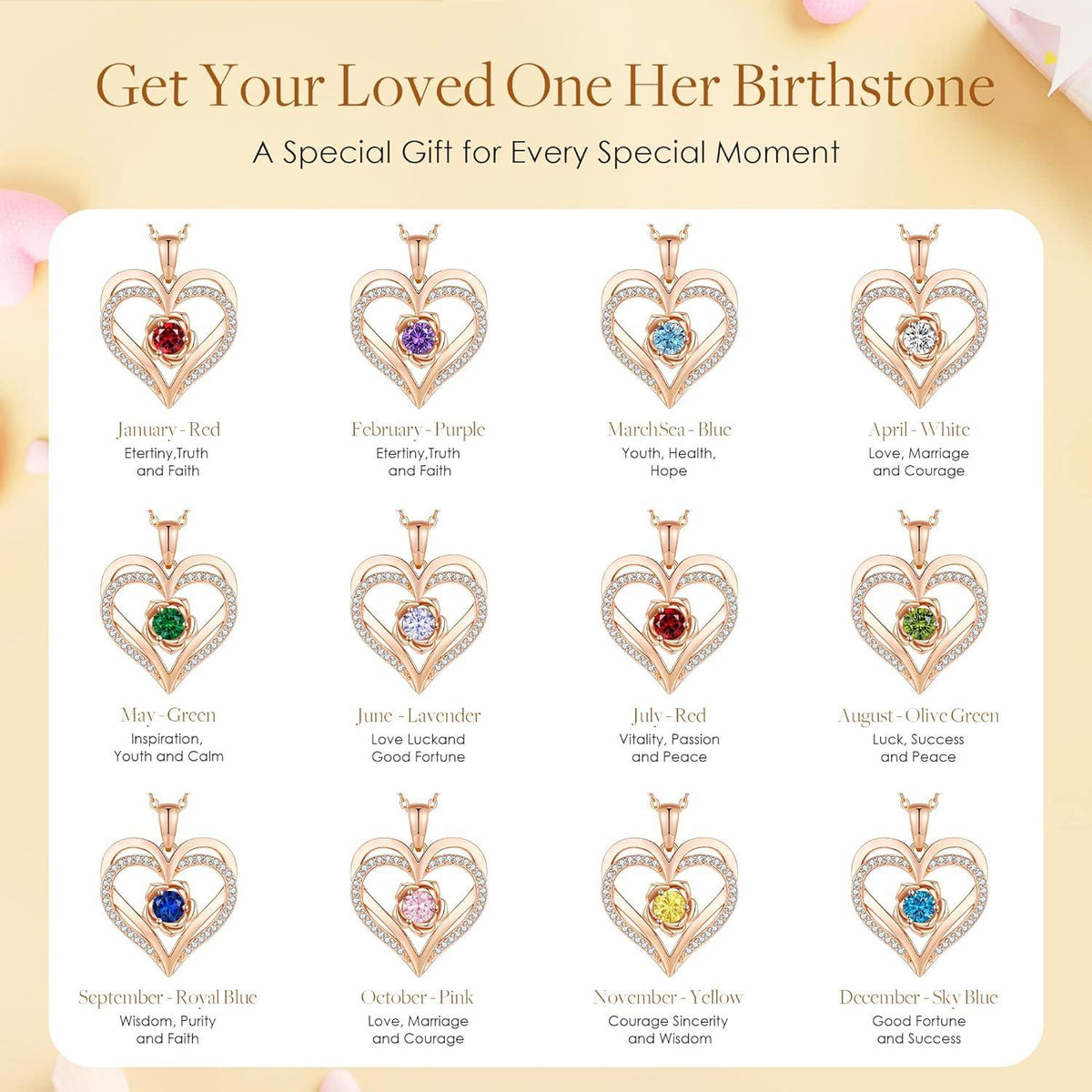 CDE Damen Kette Rosegold Herz Halskette 925 Silber Geburtsstein Geschenk