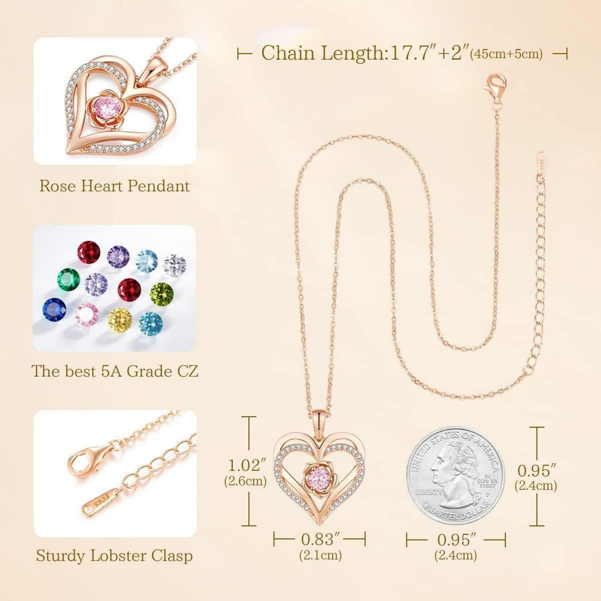 Herz Halskette Damen Rosegold mit Geburtsstein Sterling Silber 925