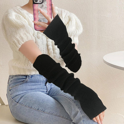 Armstulpen Damen Lang Gestrickt mit Daumenloch Schwarz