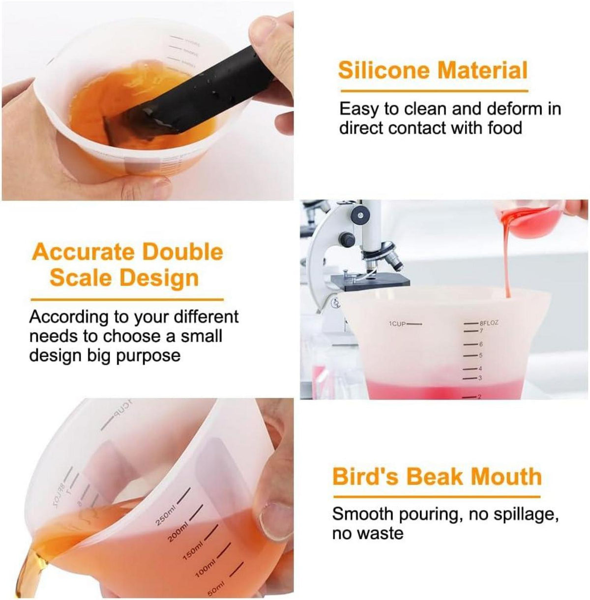 6-teiliges Silikon Messbecher Set 500ml 250ml 100ml 10ml Transparent