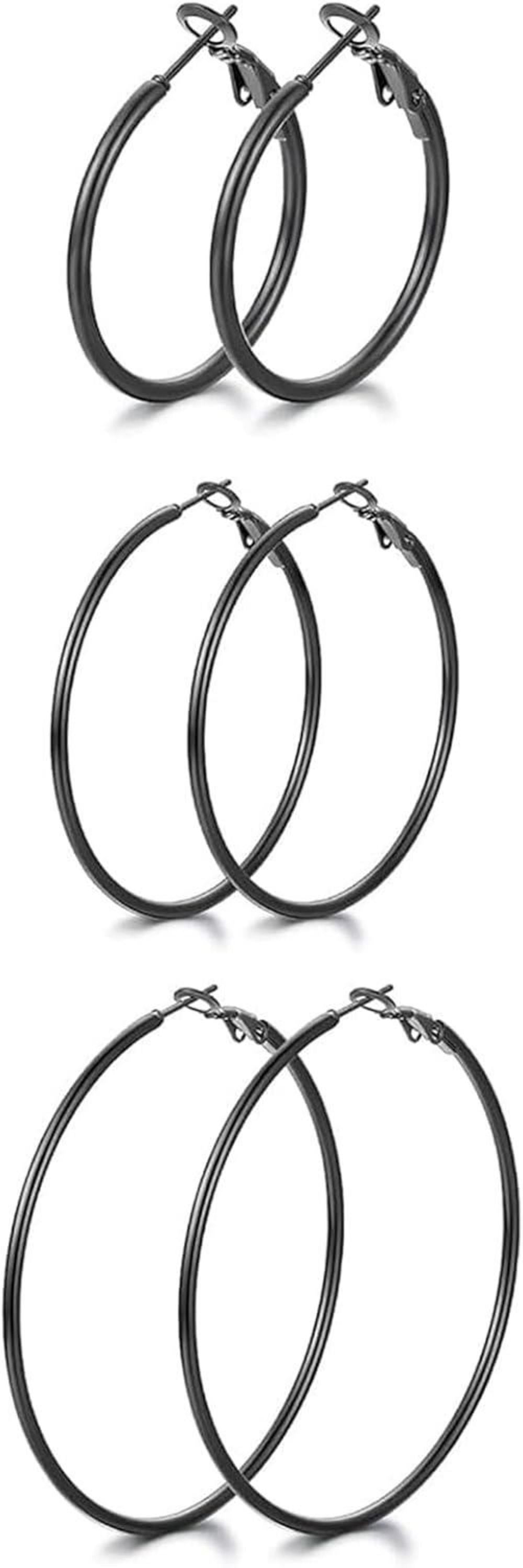 Schwarze Edelstahl Creolen Hoops Set 3 Paar Damen Ohrringe