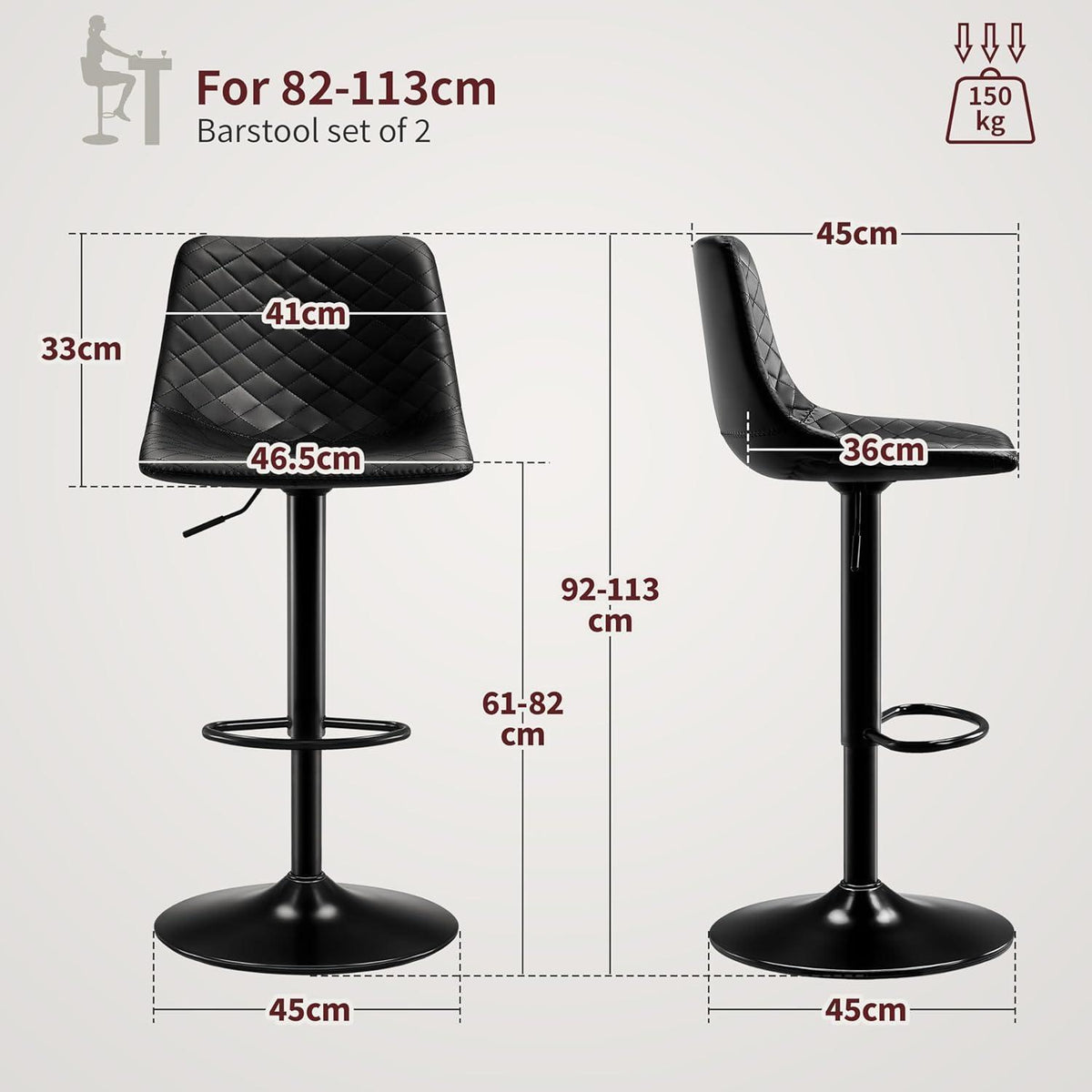 Höhenverstellbarer Barhocker 2er Set mit Mikrofaser-Leder & Lehne