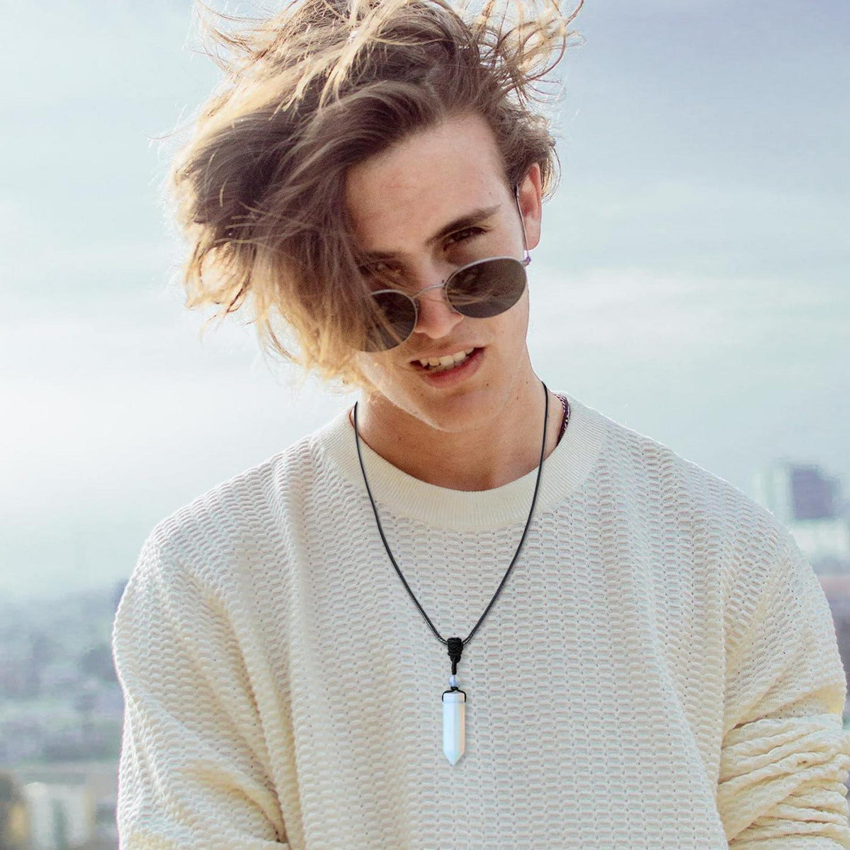 Kristallkette mit Opal Anhänger, verstellbares Seil, Damen & Herren in Lederoptik