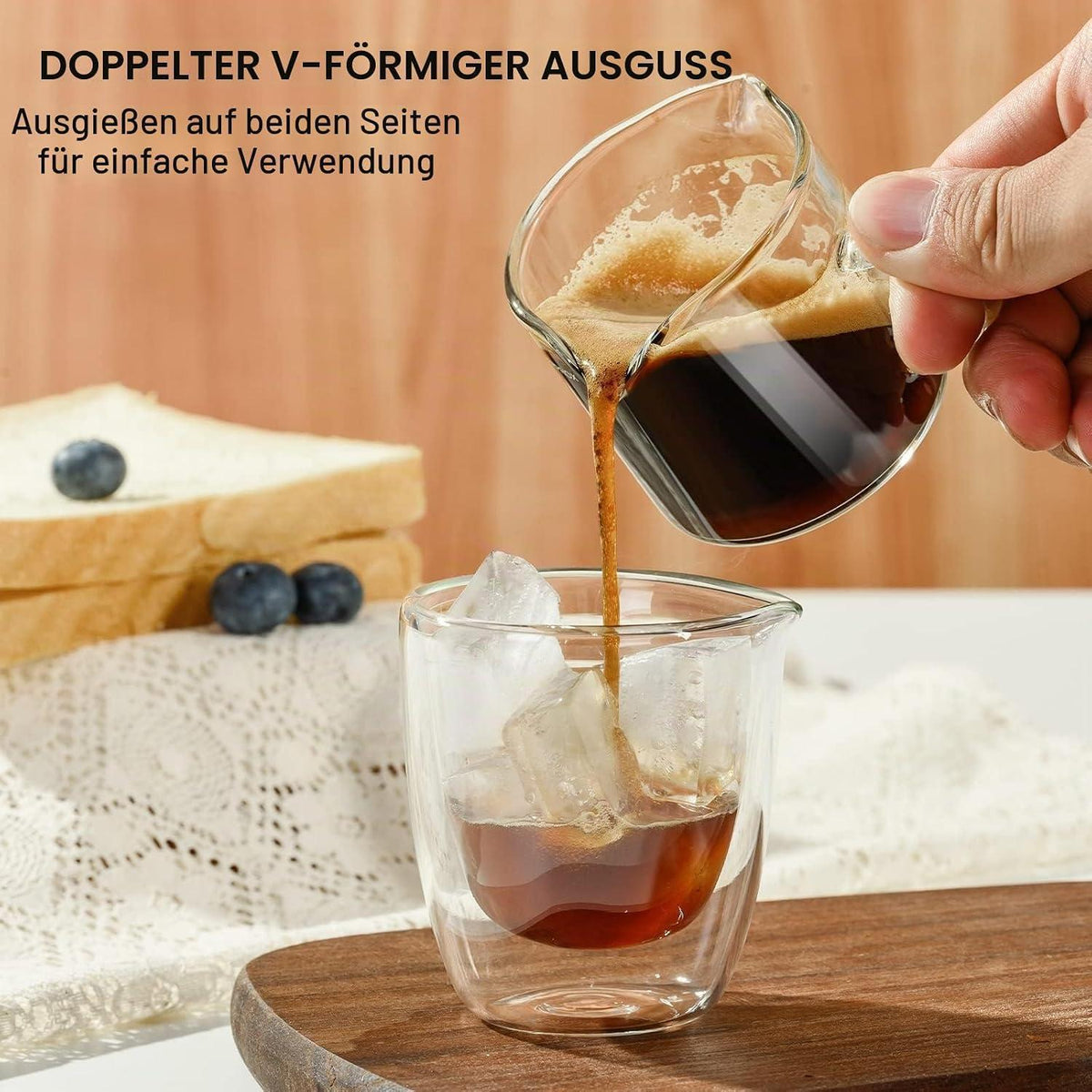 Espresso Messbecher Set 75ml Borosilikatglas mit Henkel