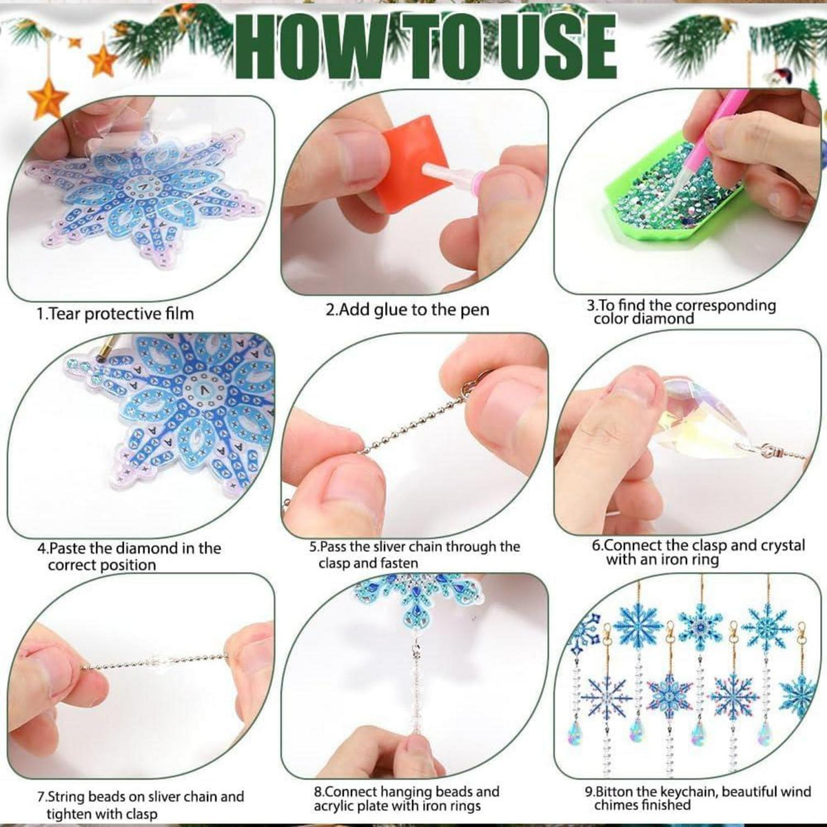 12 Stück Diamond Painting Weihnachtsanhänger Schneeflocken Set