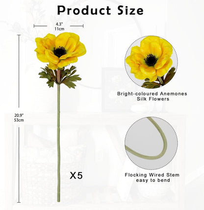 5er Set Künstliche Anemonen Gelb Frühlingsblumen 53 cm