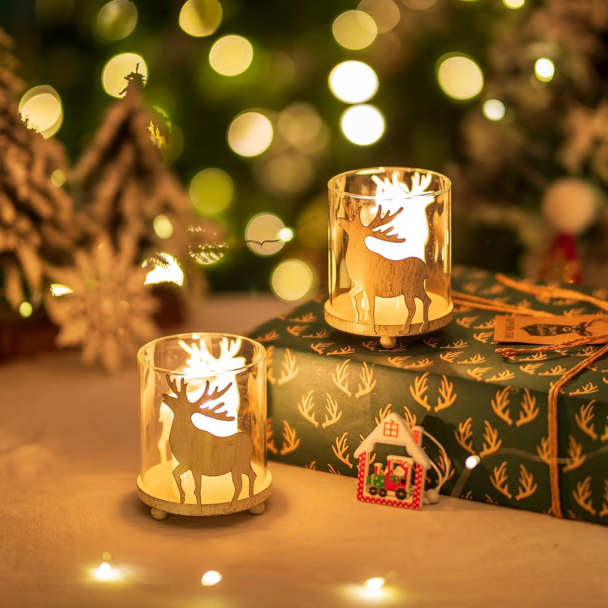 Rentier Hirsch Kerzenhalter Weihnachten 2er Set Vintage Windlichter
