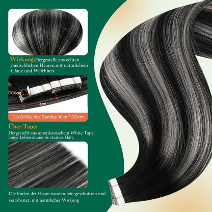 Silber Ombre Echthaar Tape-in Extensions Schwarz 40cm