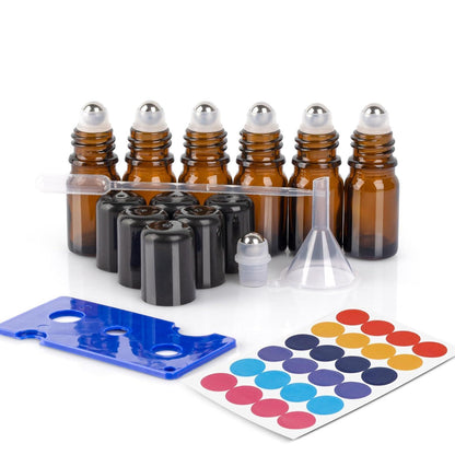 5ml Glas Rollerflaschen Set, 6er Anti-UV Braun, mit Zubehör