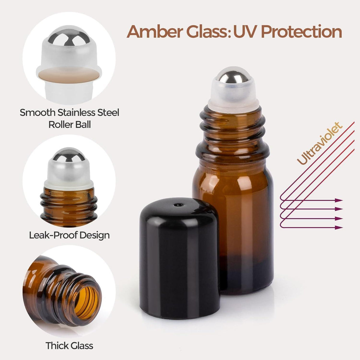5ml Glas Rollerflaschen Set, 6er Anti-UV Braun, mit Zubehör