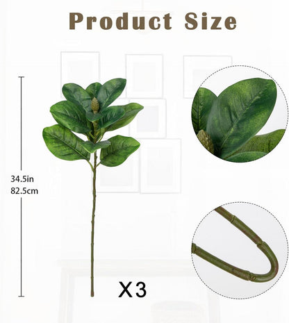 Künstliche Magnolia Blätter Zweig 3er Set für Deko Vasen, L