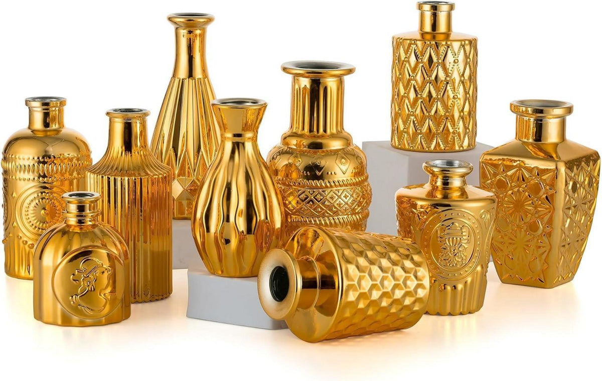 Goldene Blumenvasen Glas 10er Set Vintage Vase Deko