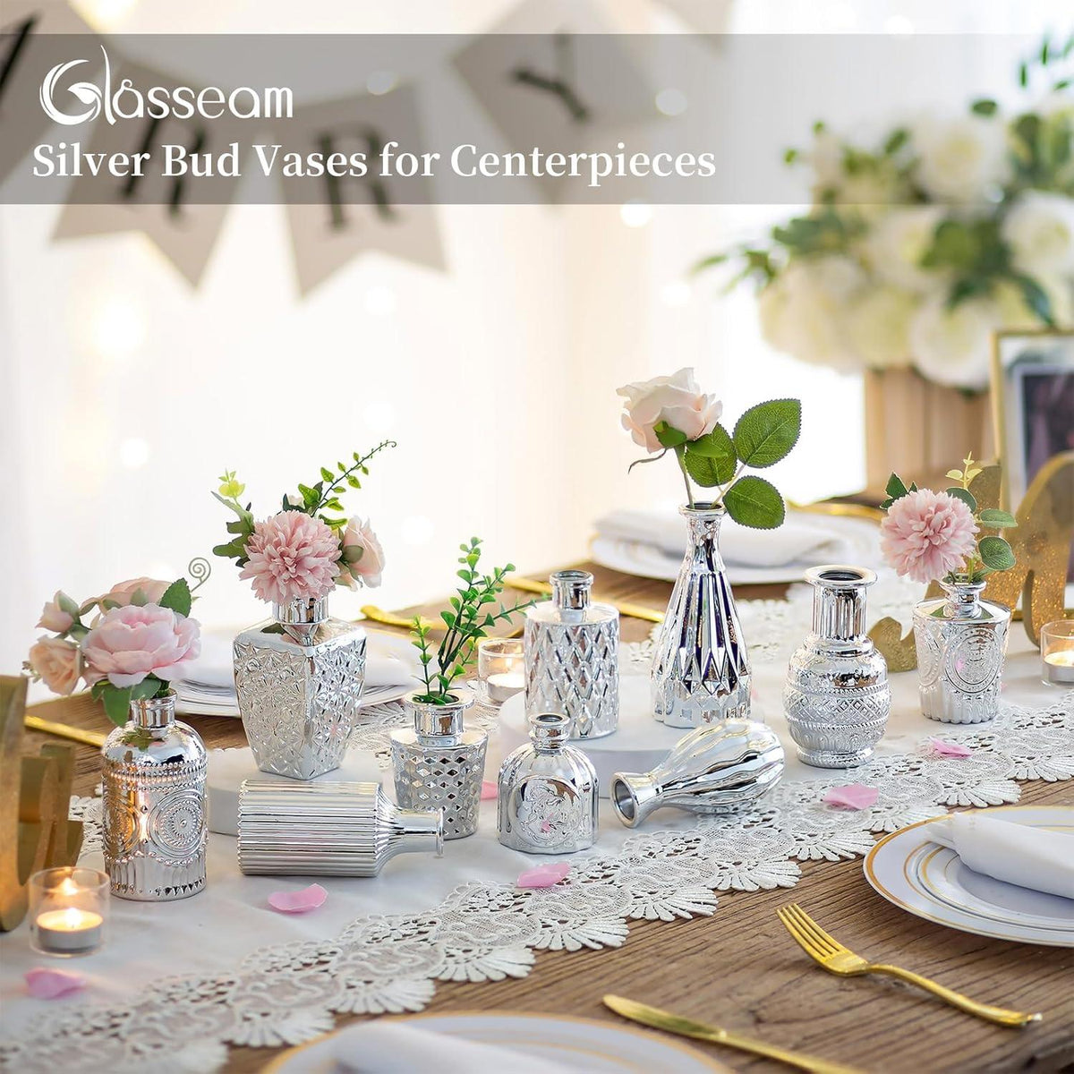 Glasseam Silberne Mini Vasen Set für Hochzeit und Tischdeko