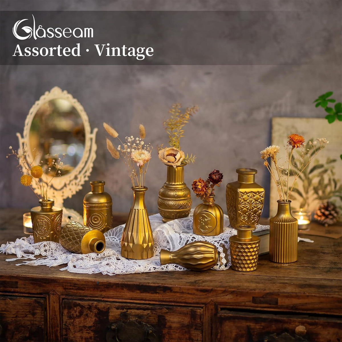 Glasseam Goldene Vase Glas 10er Set Mini Vasen Tischdeko Hochzeit Gold Blumenvase