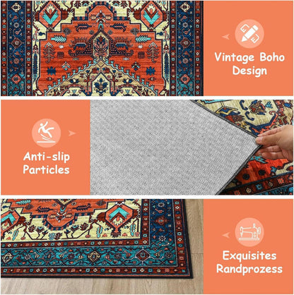 Boho Teppich Vintage Design Kurzflor Waschbar Weich rutschfest Rot