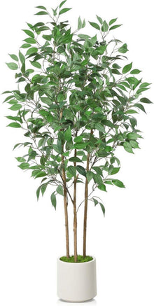 Künstlicher Ficus-Baum 150cm Kunstpflanze Weiß Übertopf 1er-Set