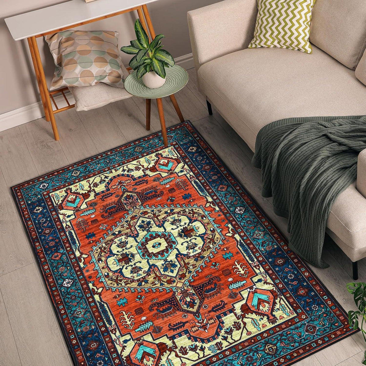Boho Teppich Kurzflor Waschbar Weich Vintage Design Rutschfest Rot