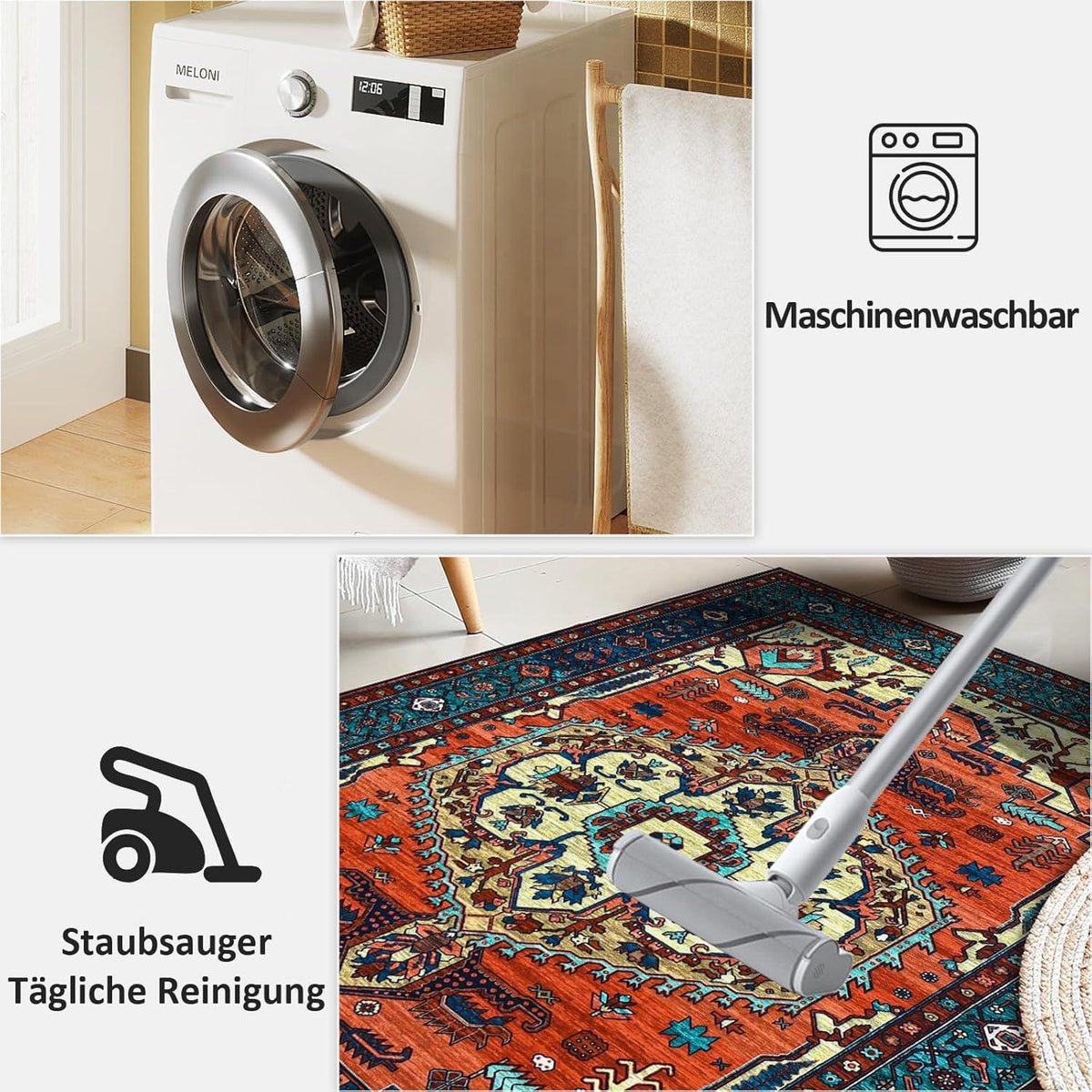 Vintage Design Kurzflor Teppich Boho 120x170cm Rot Waschbar rutschfest