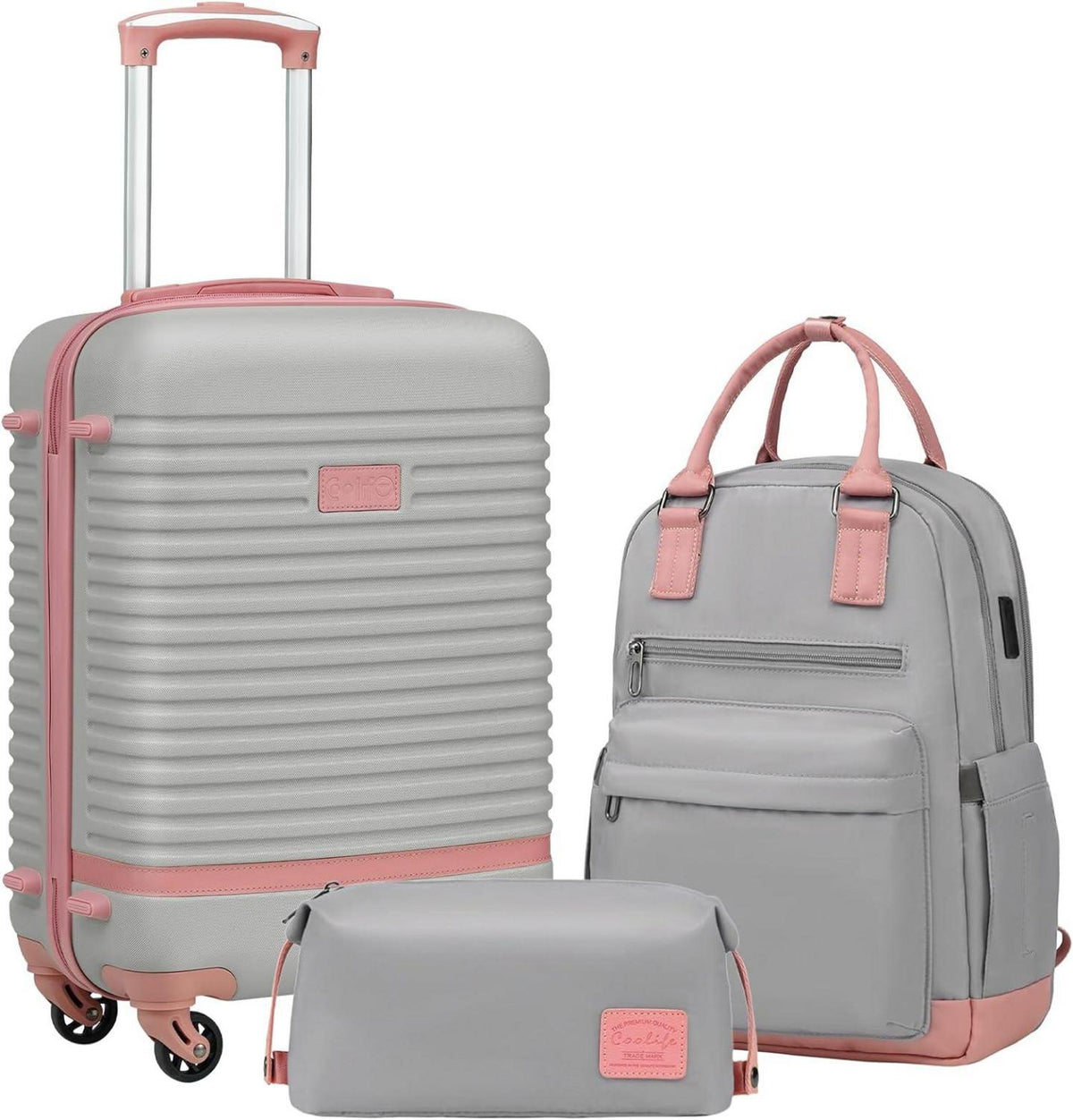 COOLIFE Hartschalen Koffer Set 3tlg Grau/Rosa ABS Rollen TSA-Schloss