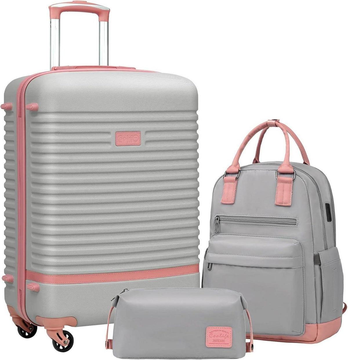 COOLIFE Hartschalenkoffer Set 3tlg Mittlerer Reisekoffer Grau/Rosa