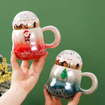 Weihnachtstasse Keramik Perlenglanz Kaffeebecher mit Deckel 450ml Grün