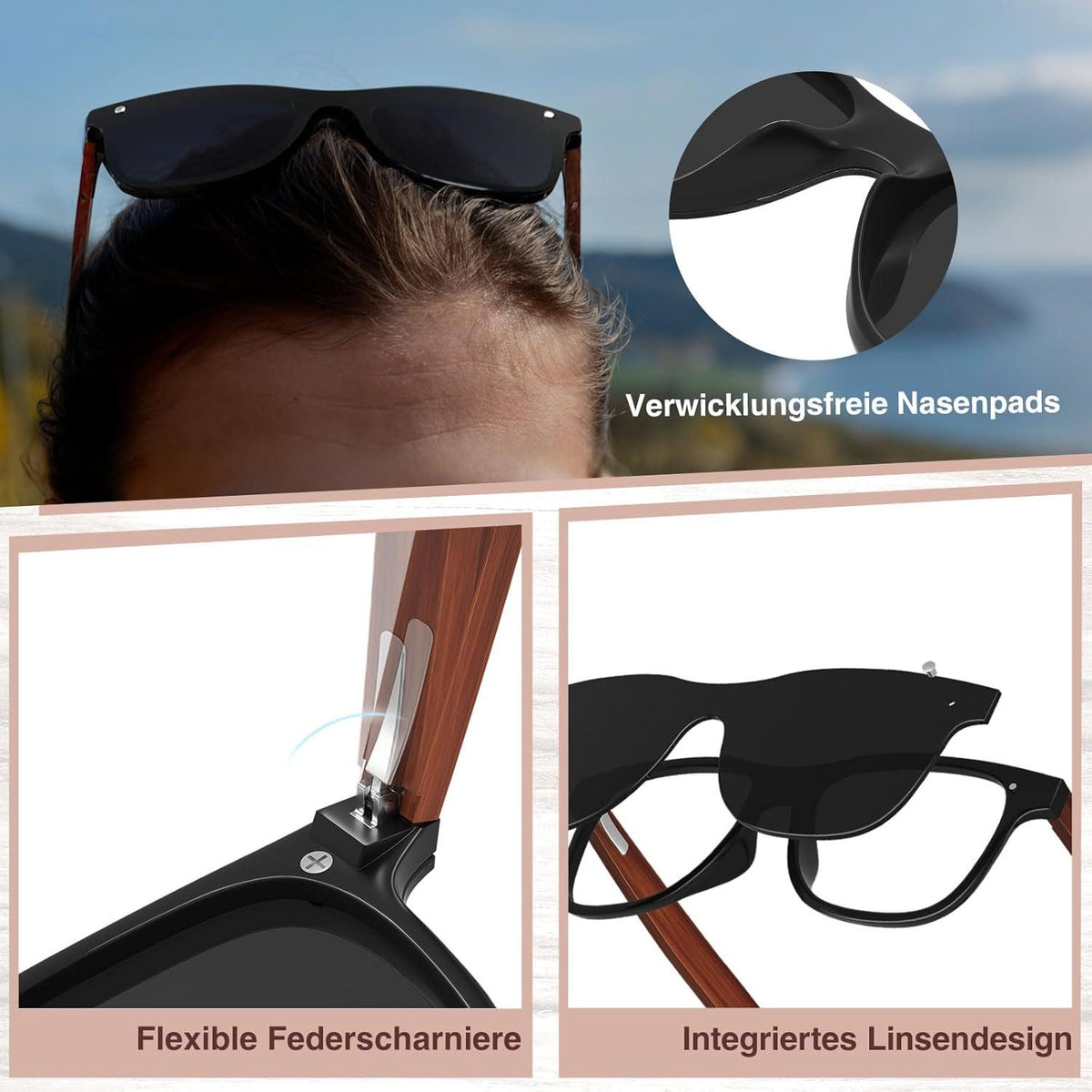 Polarisierte Holz Sonnenbrille UV400 Herren Damen Retro Flexibel Federscharnier
