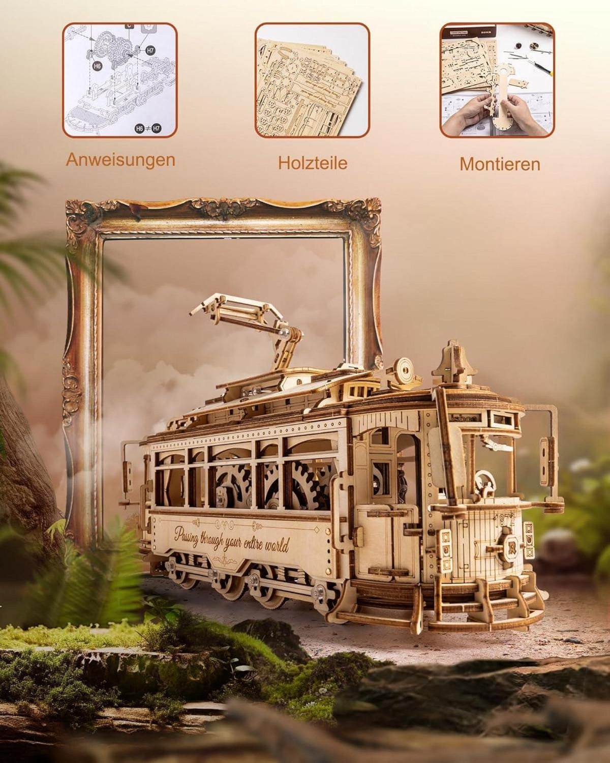 3D Puzzle Holzmodell Straßenbahn 1:24 Maßstab inkl. Uhrwerk 374 Teile