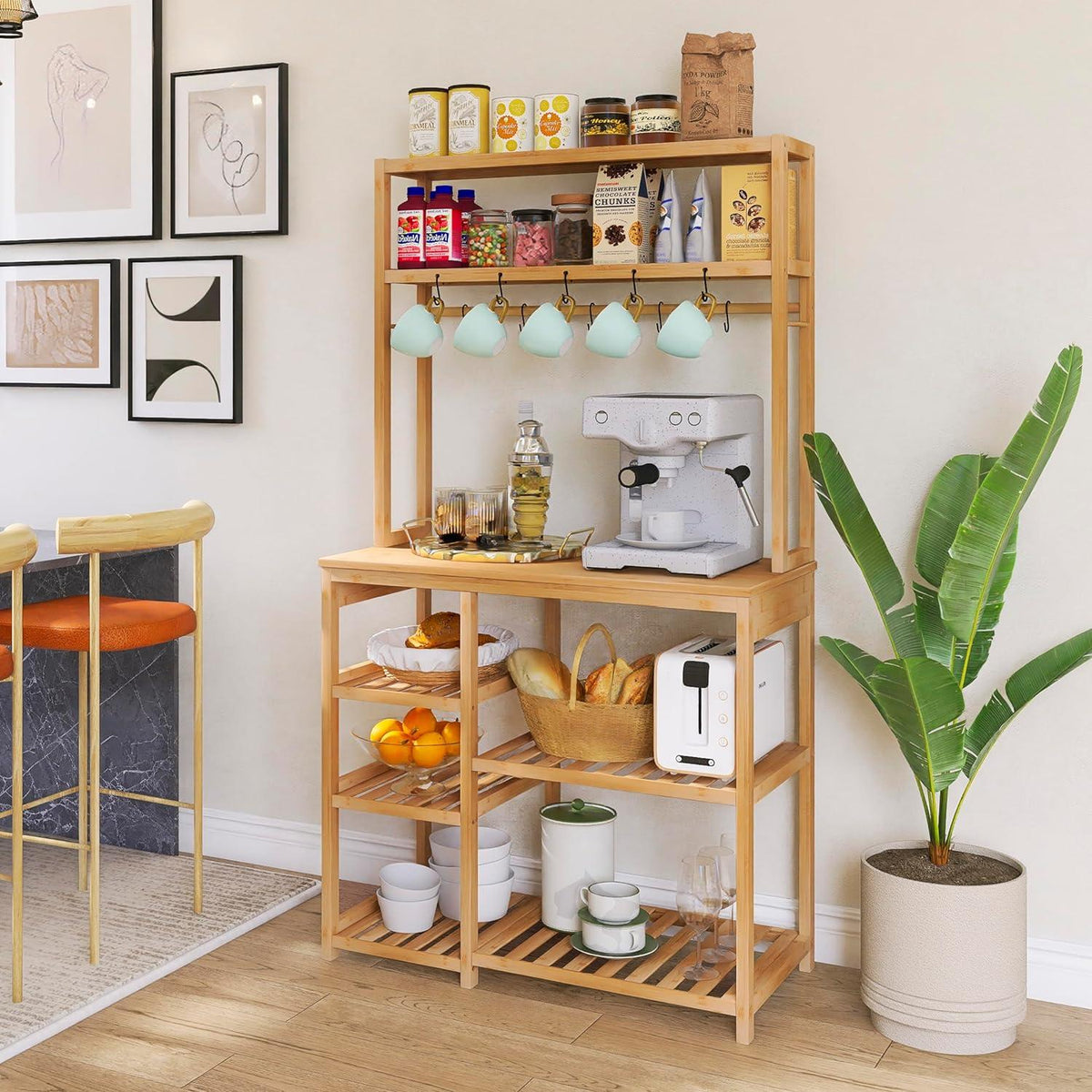 SMIBUY 6-stöckiges Bambus Mikrowellenständer Organizer Rack 80CM