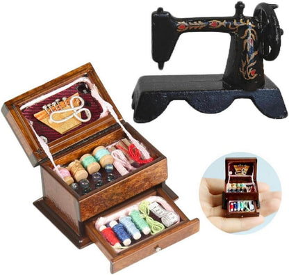 Miniatur Nähmaschine und Nähkästchen 3-Schicht Weihnachten Vintage