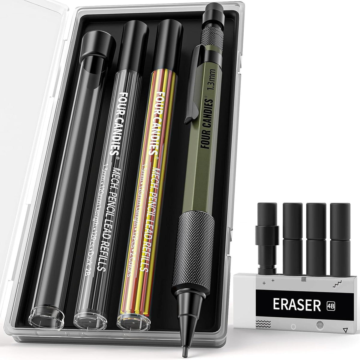 Druckbleistift Set mit Etui, 1,3 mm, Metall, 24 Minen, Radiergummi