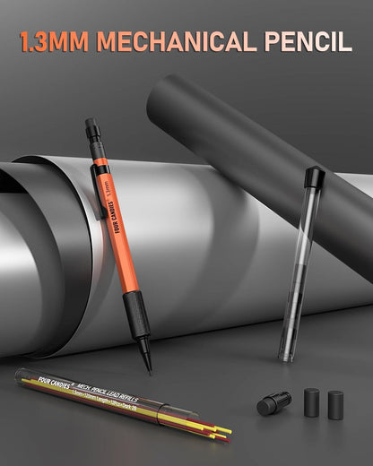 Druckbleistift Set mit Etui, 1,3 mm, Metall, strapazierfähig, 24 Nachfüllminen, Radiergummi, 6 Nachfüllungen, Orange