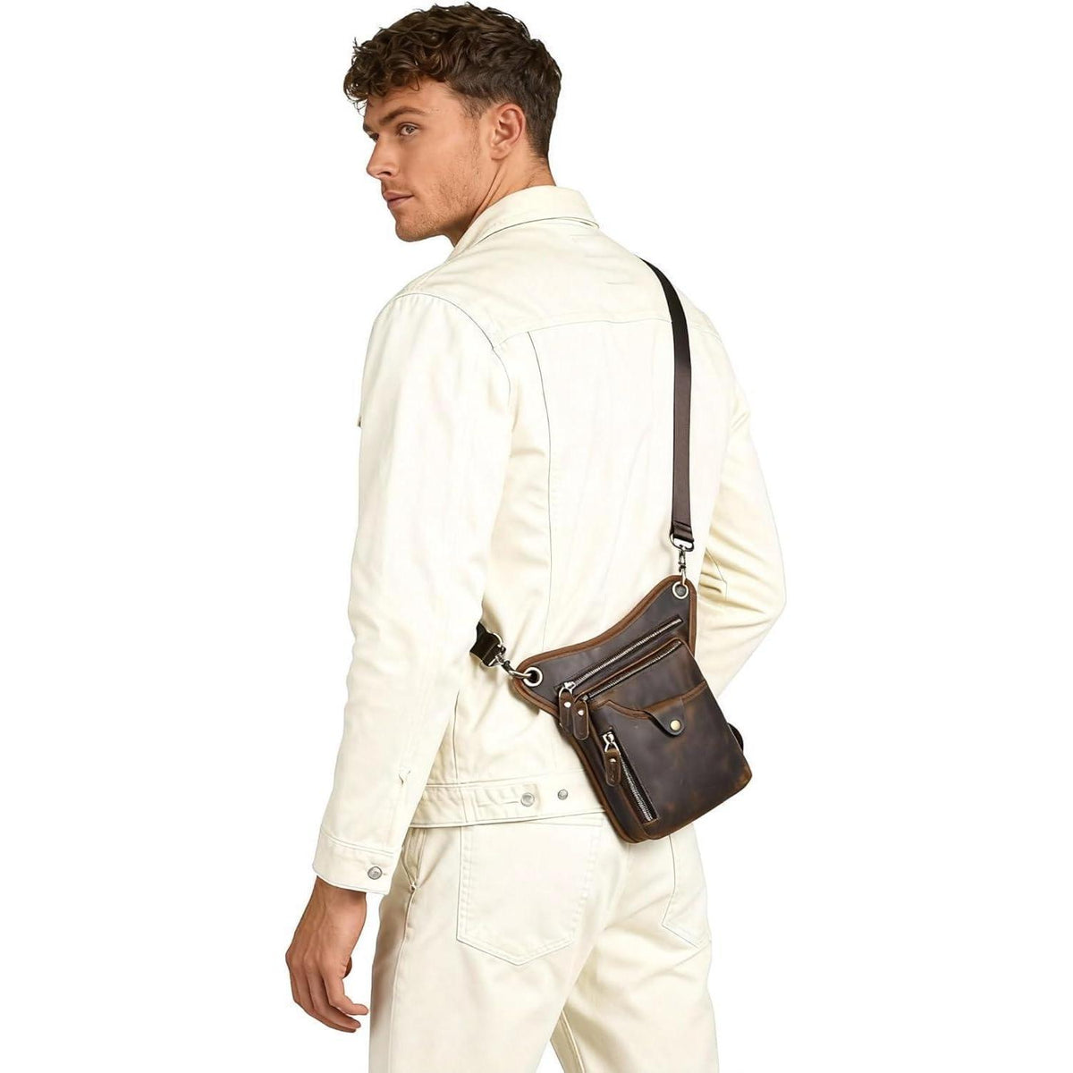 Herren Canvas & Leder Beintasche Motorrad Hüfttasche Braun