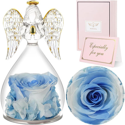 Ewige Rose mit Engel Figur in Glaskuppel Weiß Blau