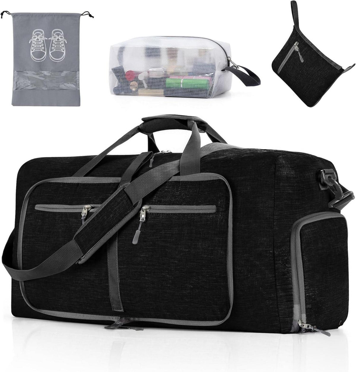 Faltbare Reisetasche mit Extra Kultur- und Schuhbeutel 65L Schwarz