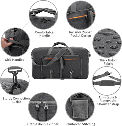 Faltbare Reisetasche 65L Große Sporttasche Schuhtasche Schwarz