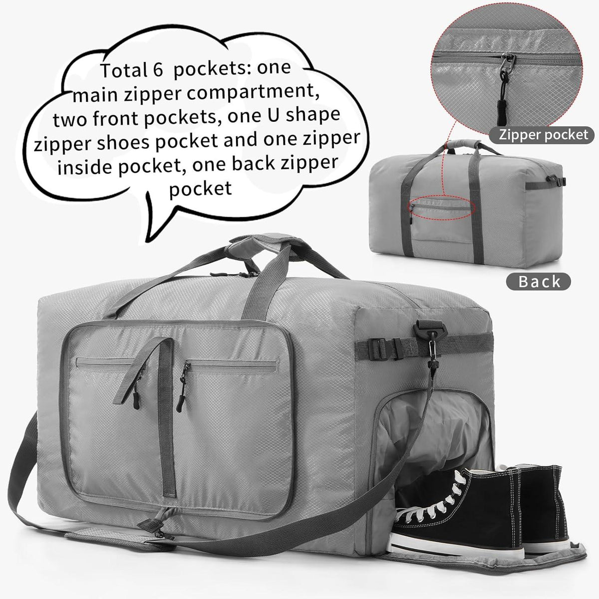 65L Faltbare Reisetasche Sporttasche Grau mit Kulturbeutel