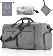 Faltbare Reisetasche mit Kulturbeutel und Schuhbeutel, 65L, Grau