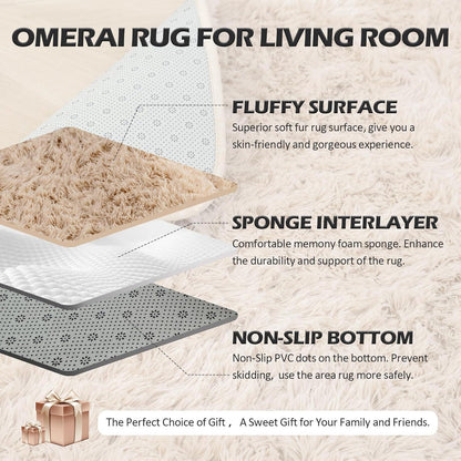 Wohnzimmer Teppich Beige Shaggy Hochflor Antirutsch 90x150cm