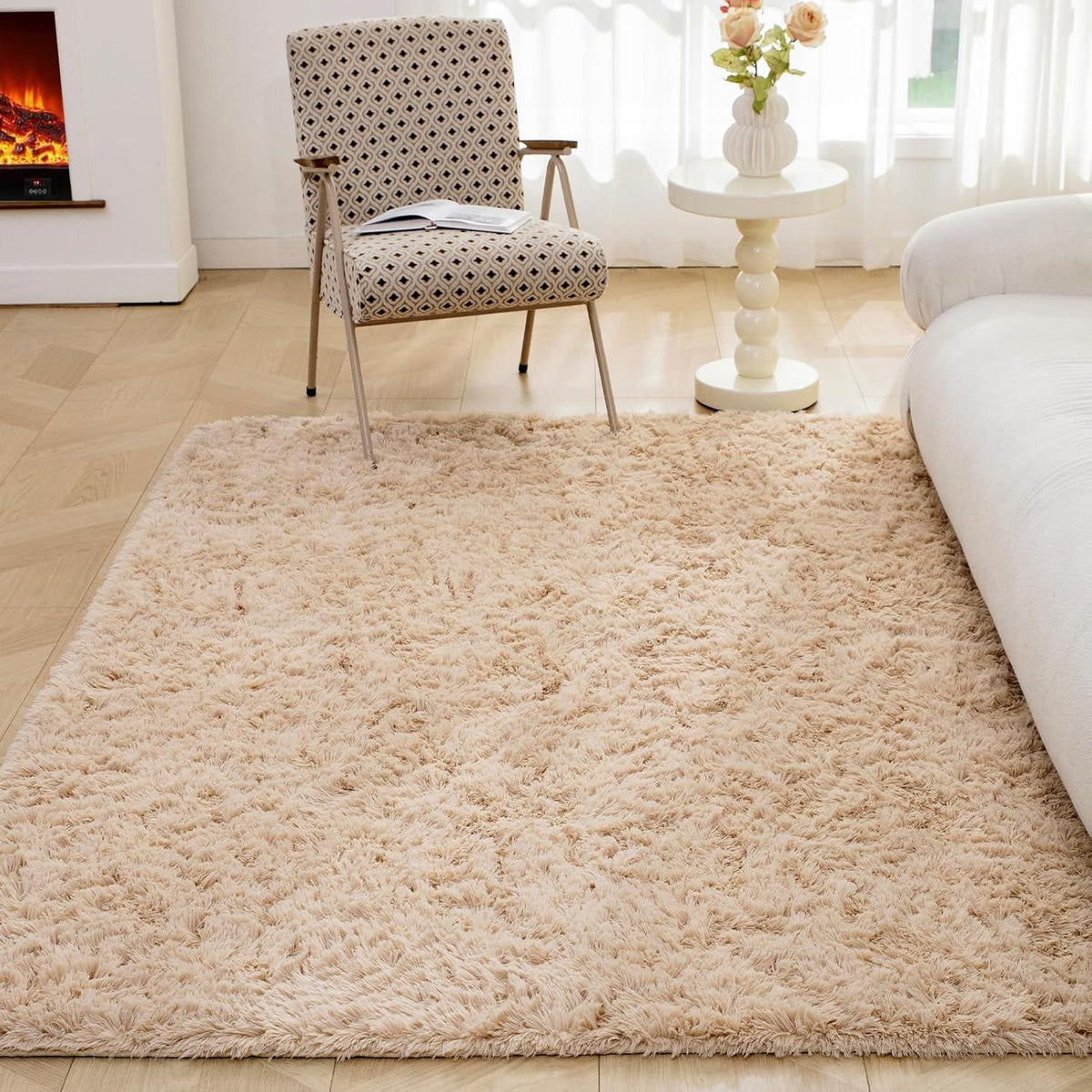 Moderner OMERAI Hochflor Teppich Beige 150x240cm waschbarer Antirutsch Teppich