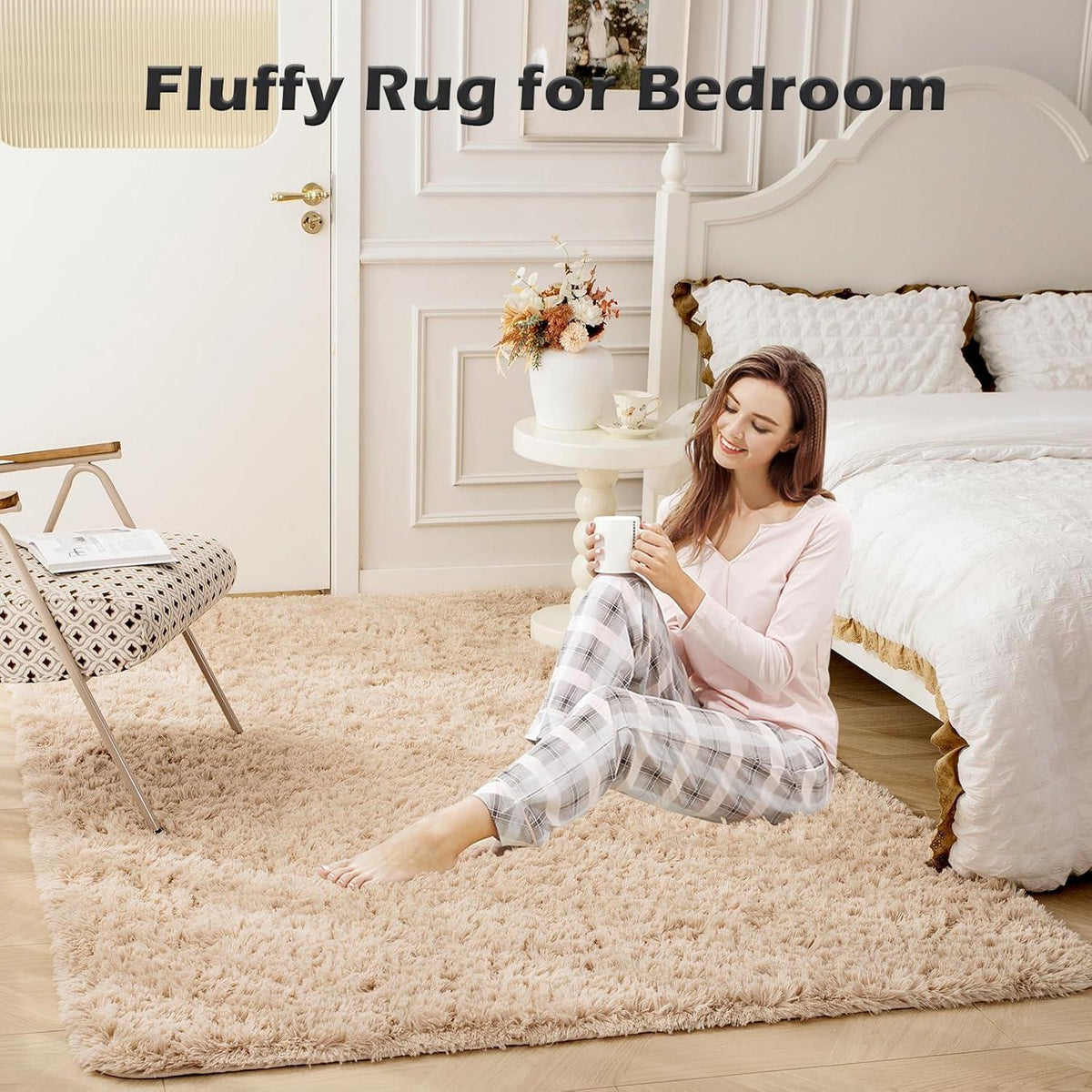 Beige Shaggy Hochflor Teppich Waschbarer Antirutsch 60x110cm