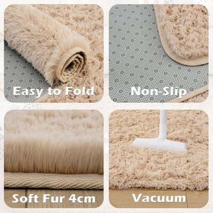 Großer Shaggy Teppich Wohnzimmer Schlafzimmer Weich Beige 120x180cm