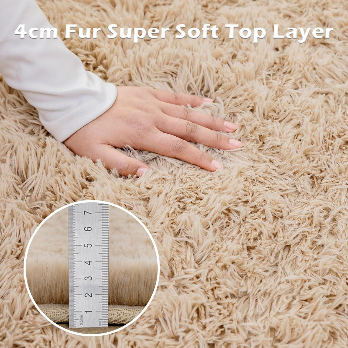 Großer OMERAI Shaggy Teppich, superweich, antirutsch, waschbar - Beige 120cm Rund
