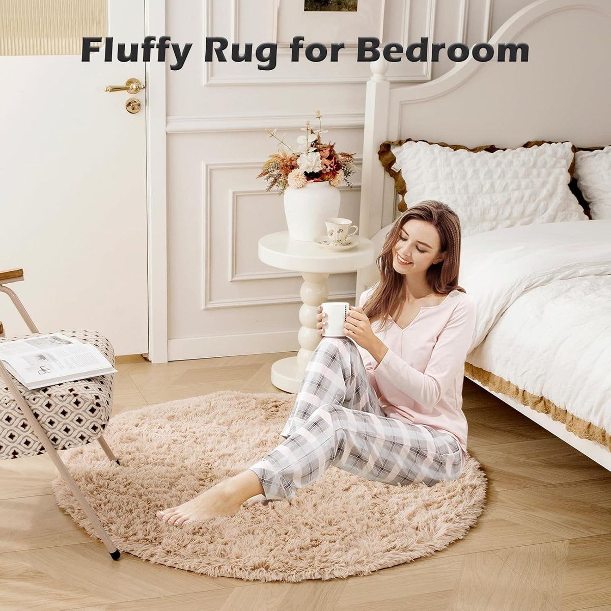 Weicher Shaggy Teppich Beige Groß Rund Antirutsch Schlafzimmer Wohnzimmer