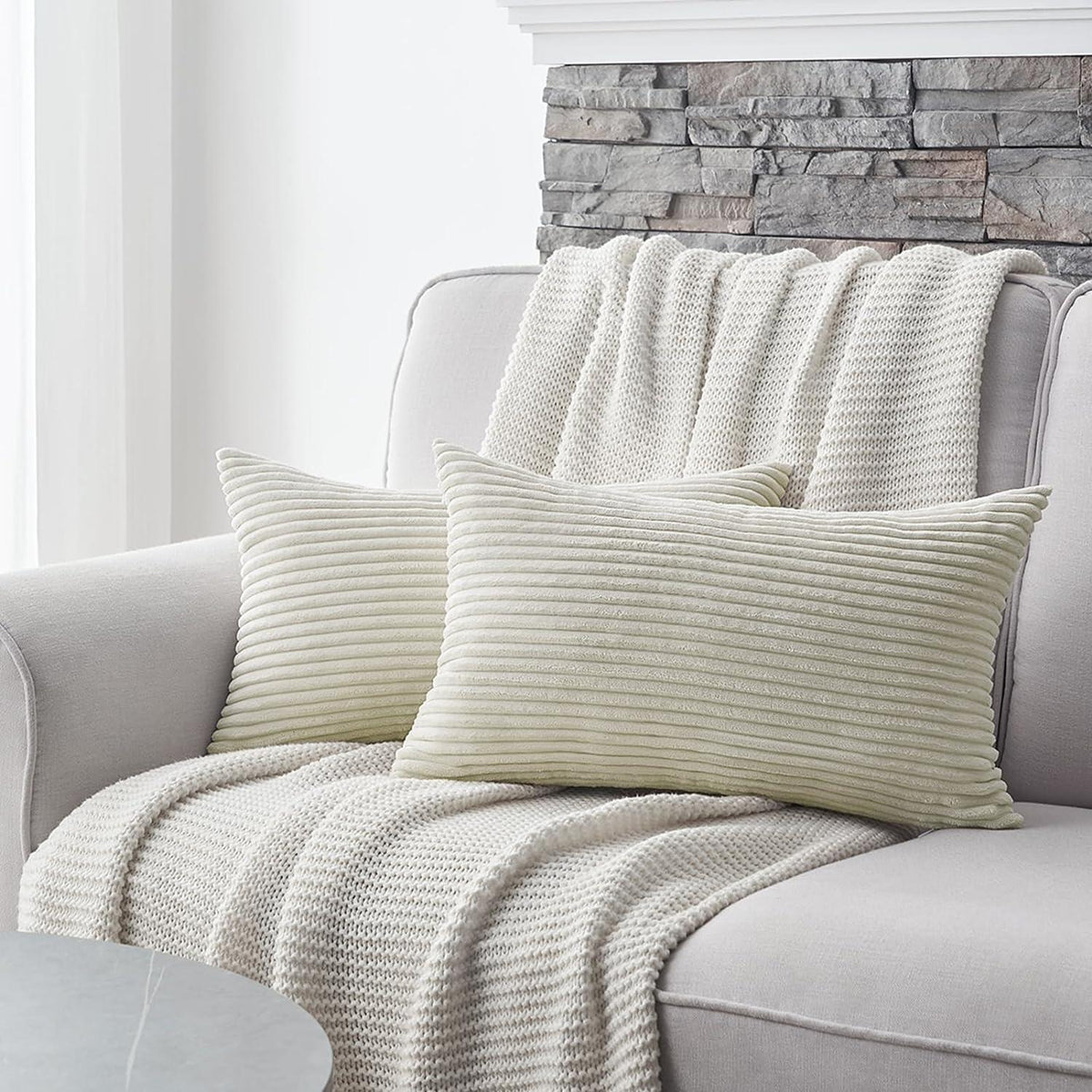 Topfinel Kissenbezug 40x60 2er Set Creme Kordsamt gestreiftes Muster Sofakissen