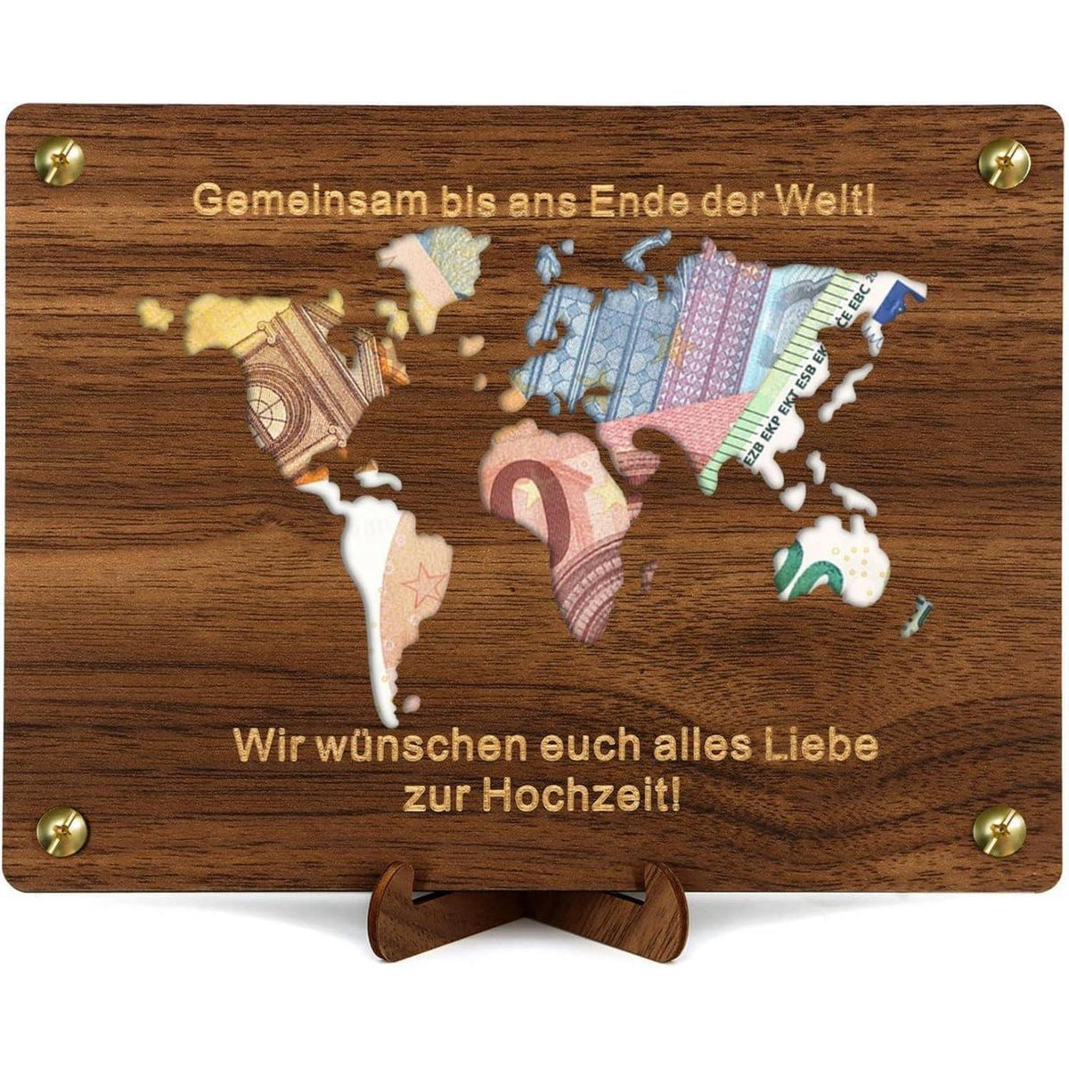 Geldgeschenk Hochzeit Weltkarte Holz mit Karte & Ständer