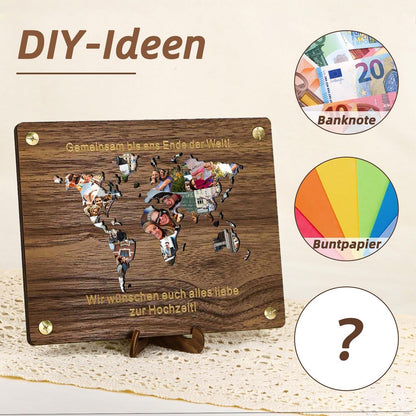 Geldgeschenk Hochzeit Weltkarte Holz mit Karte & Ständer
