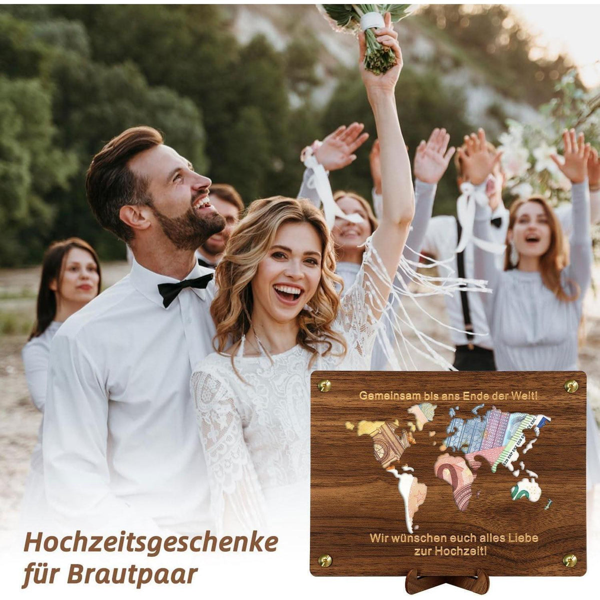 Geldgeschenk Hochzeit Weltkarte Holz mit Karte & Ständer