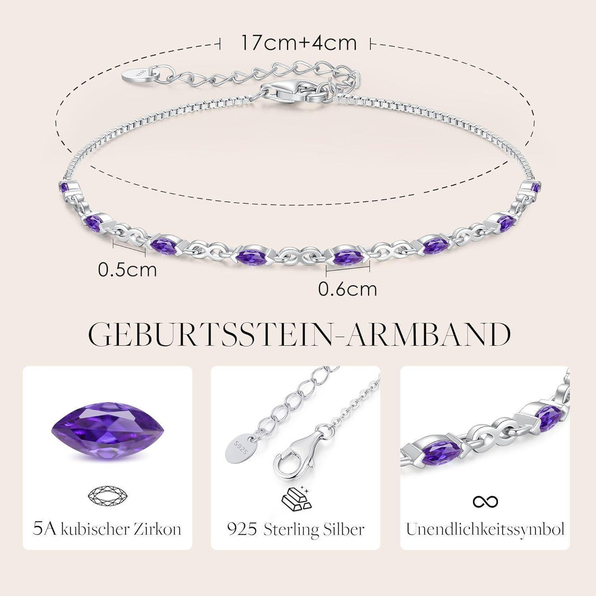 925 Sterling Silber Armband Damen mit Zirkonia Geburtsstein, Verstellbar